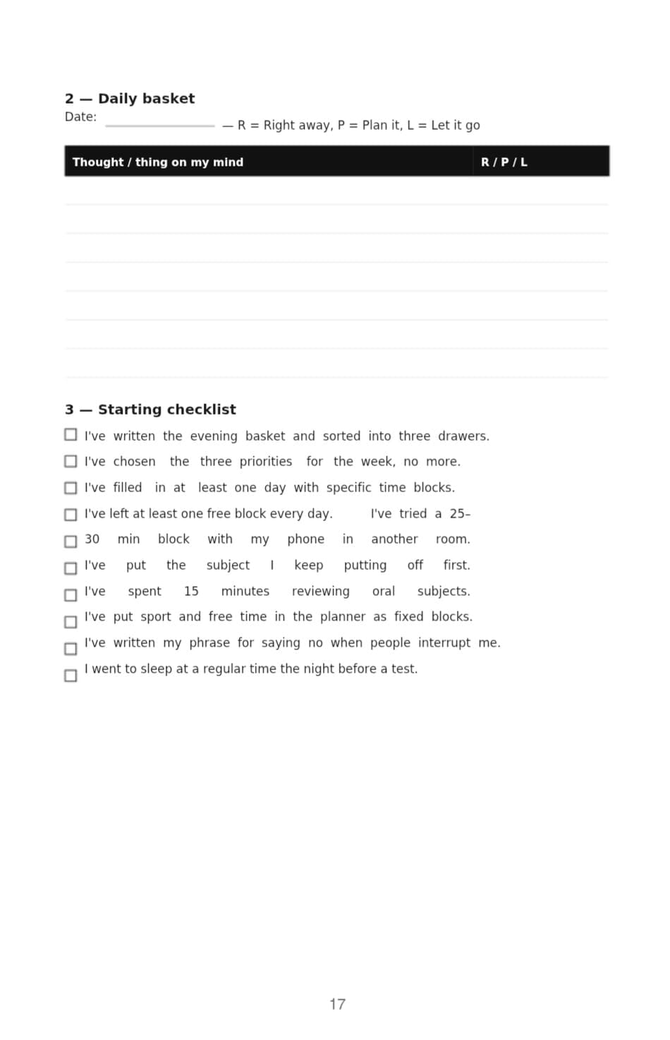 Inside page of the printable study planner, checklist and table