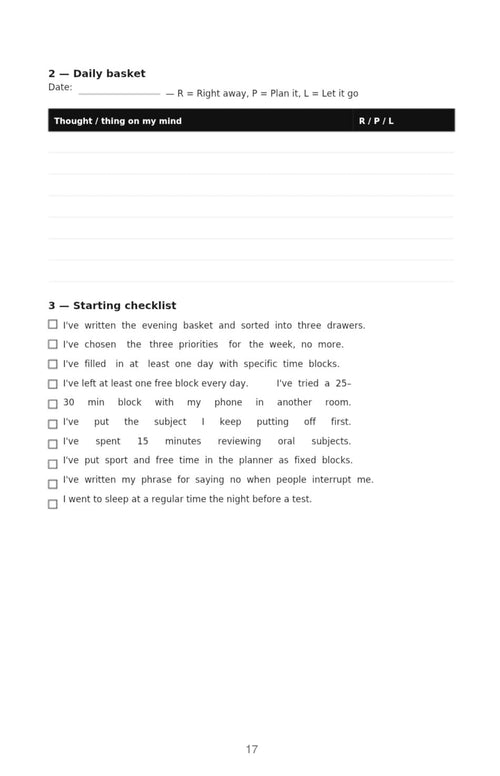 Inside page of the printable study planner, checklist and table