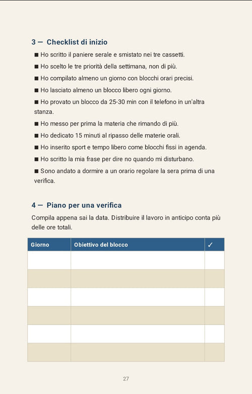 Pagina interna del planner di studio stampabile in italiano, checklist e tabella